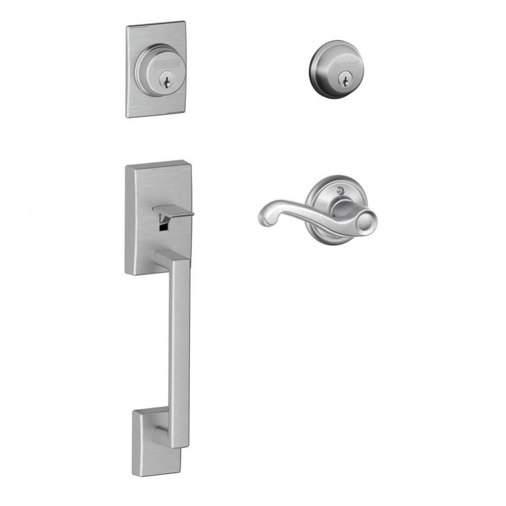 Century Handleset with Double Cylinder Deadbolt and Flair Lever in Satin Chrome- Left Handed