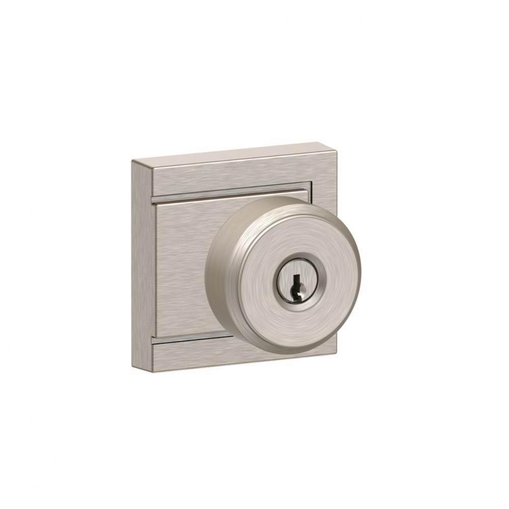 Bowery Knob with Upland Trim Keyed Entry Lock in Satin Nickel