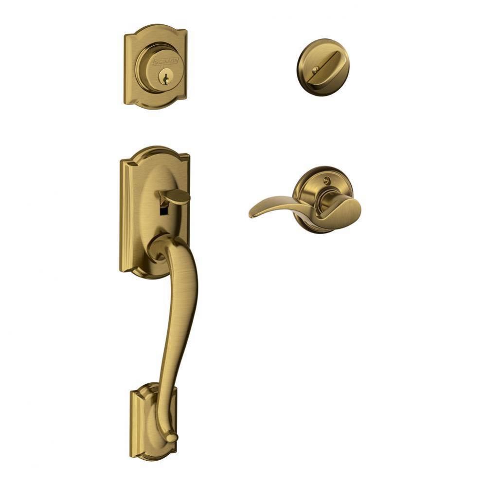 Camelot Handleset with Single Cylinder Deadbolt and Avanti Lever in Antique Brass