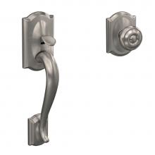 Schlage FC285 GC CAM 619 GEO CAM - Custom Camelot Front Entry Handle and Georgian Knob with Camelot Trim in Satin Nickel