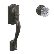 Schlage FC285 CAM 530 ALX ALD - Custom Camelot Front Entry Handle and Alexandria Glass Knob with Alden Trim in Black Stainless