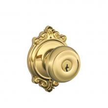 Schlage F51A GEO 605 BRK - Georgian Knob with Brookshire Trim Keyed Entry Lock in Bright Brass