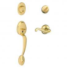 Schlage F60 PLY 605 FLA LH - Plymouth Handleset with Single Cylinder Deadbolt and Flair Lever in Bright Brass - Left Handed