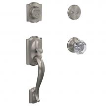 Schlage FC93 CAM 619 ALX ALD - Custom Camelot Inactive Handleset with Alexandria Glass Knob and Alden Trim in Satin Nickel