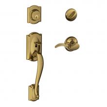 Schlage F60 V CAM 609 AVA - Camelot Handleset with Single Cylinder Deadbolt and Avanti Lever in Antique Brass