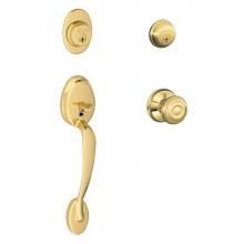 Schlage F62 PLY 605 GEO - Plymouth Handleset with Double Cylinder Deadbolt and Georgian Knob in Bright Brass