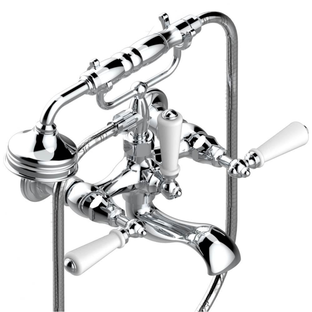Exposed tub filler with cradle handshower, wall mounted