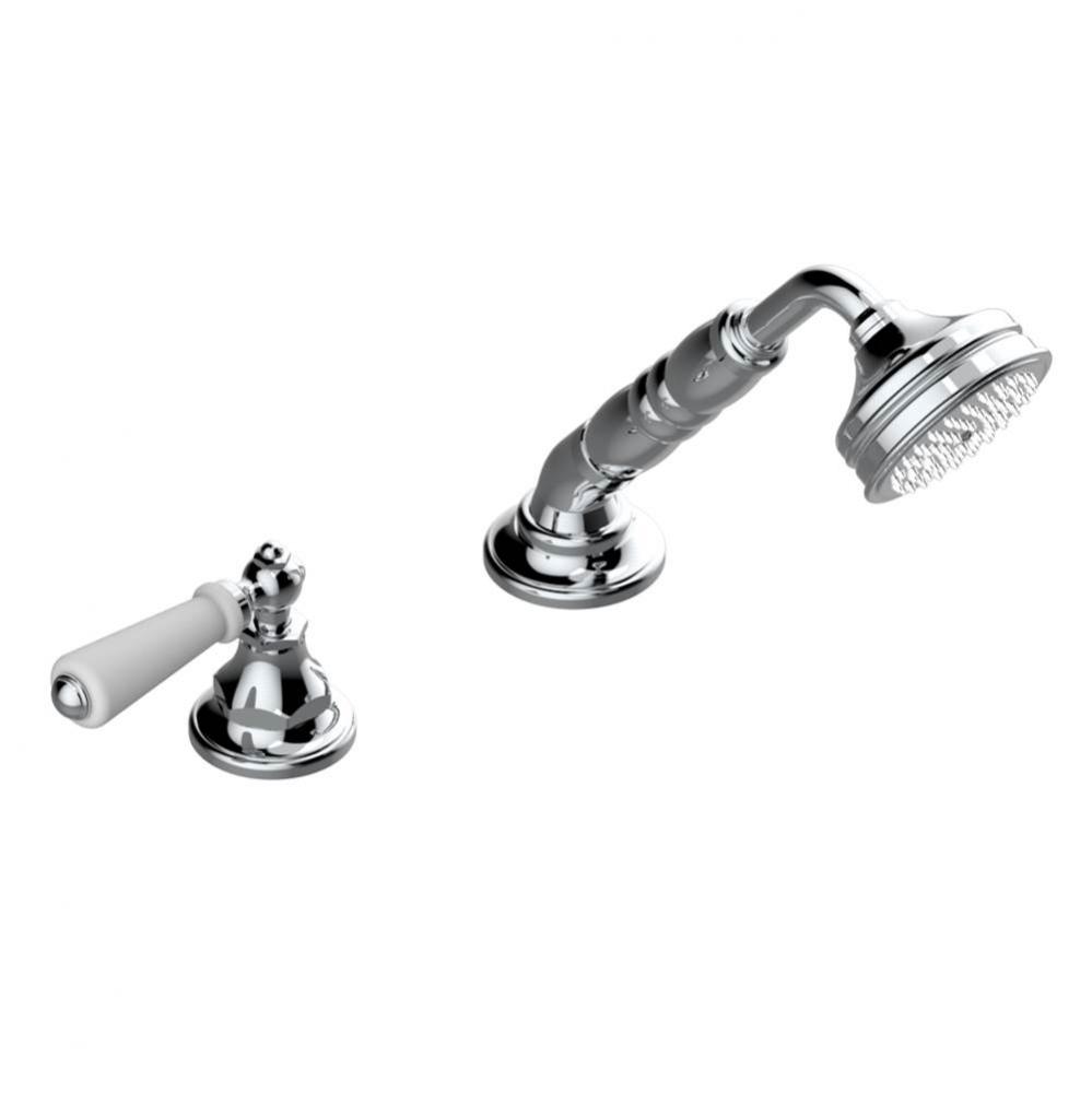 Deck mounted mixer with handshower, progressive cartridge