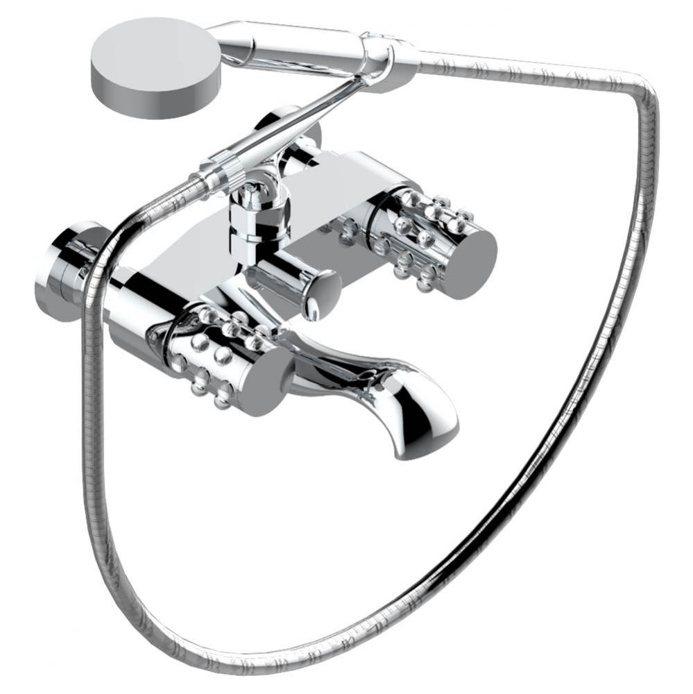 Exposed tub filler with cradle handshower, wall mounted