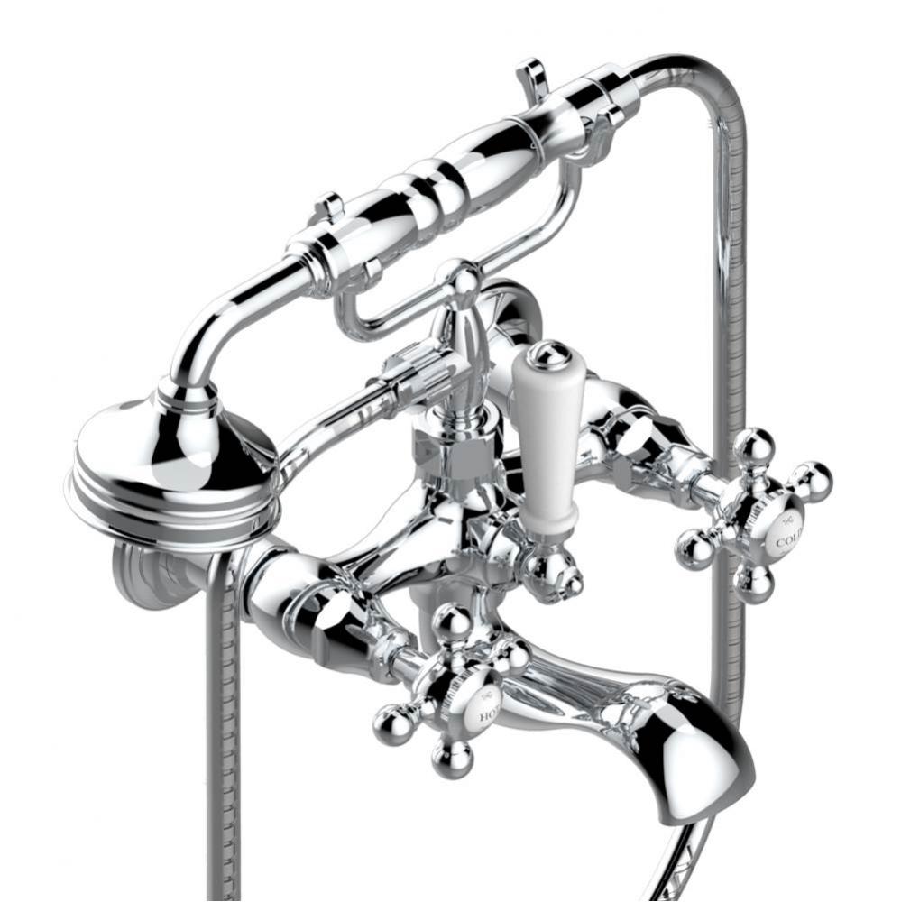 Exposed tub filler with cradle handshower, wall mounted
