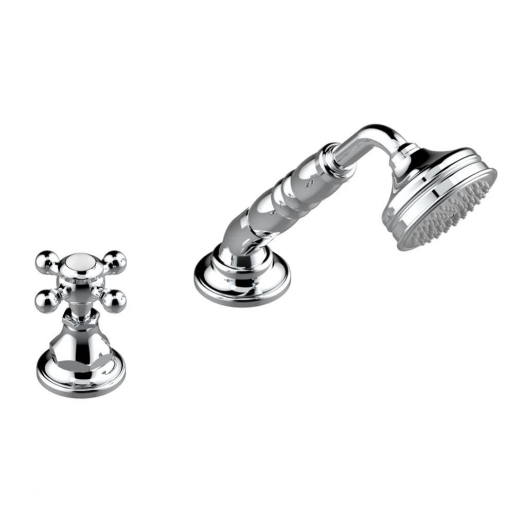 Deck mounted mixer with handshower, progressive cartridge