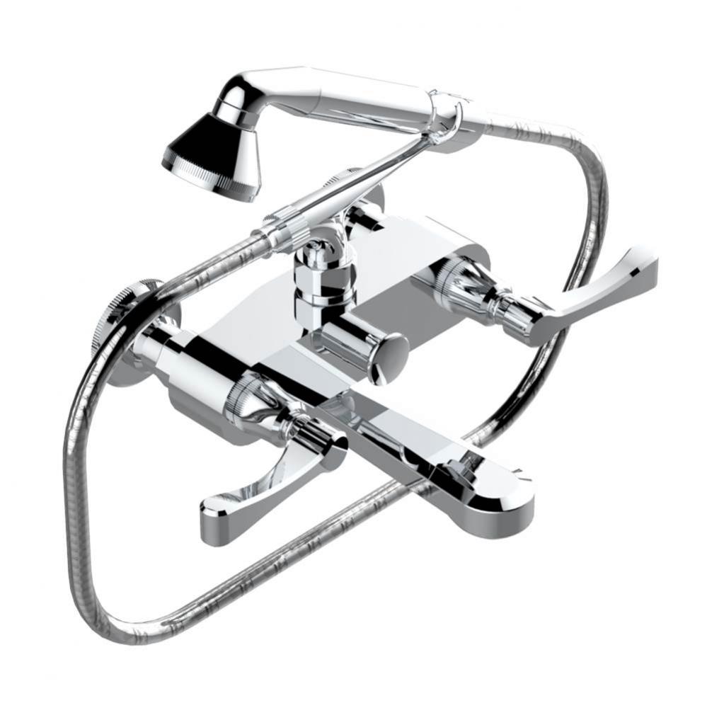 Exposed tub filler with cradle handshower, wall mounted
