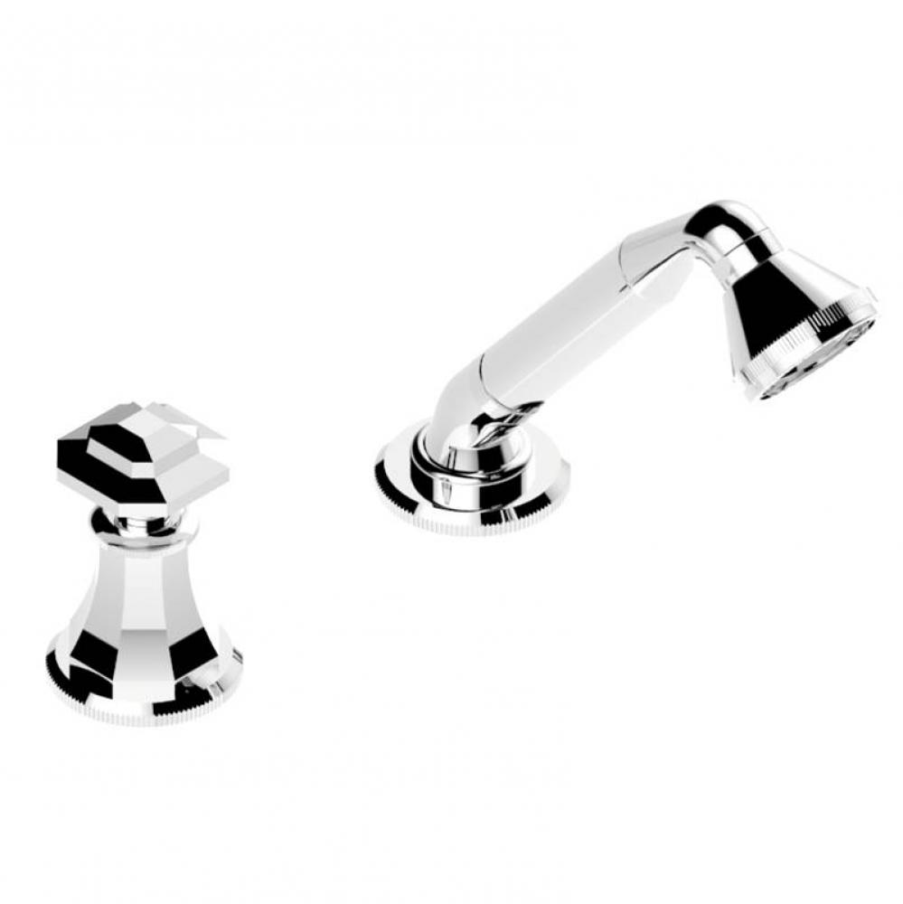 Deck mounted mixer with handshower, progressive cartridge
