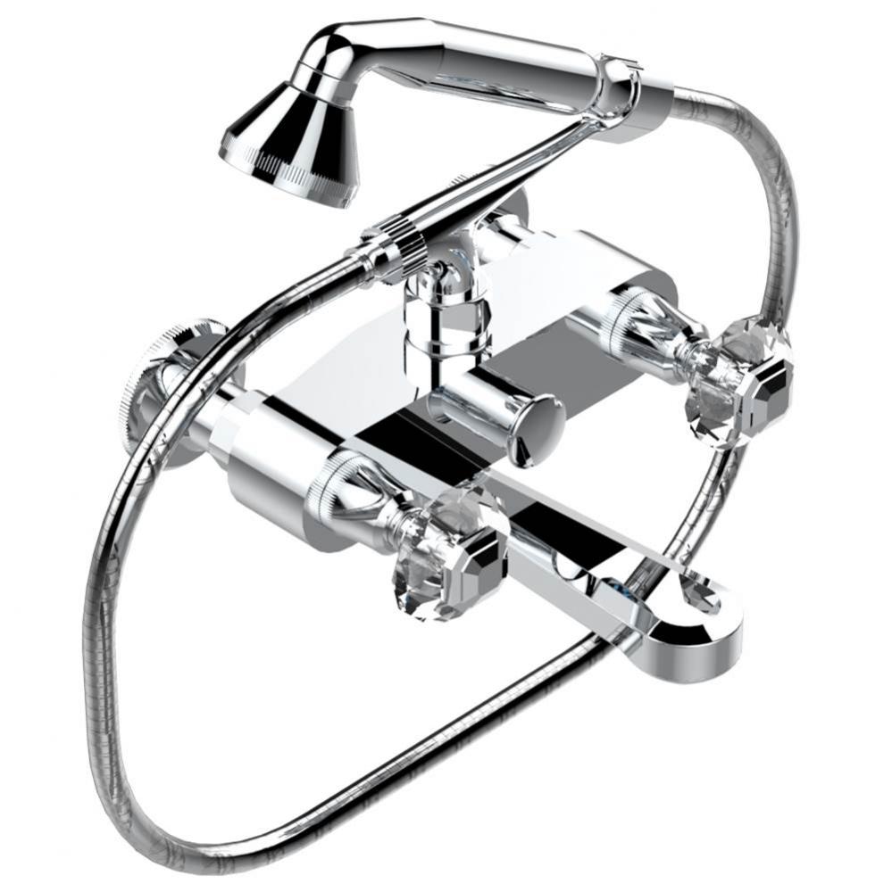 Exposed tub filler with cradle handshower, wall mounted