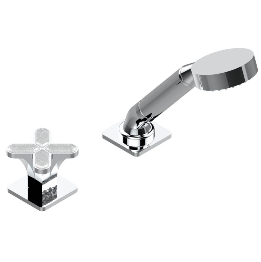 Deck mounted mixer with handshower, progressive cartridge