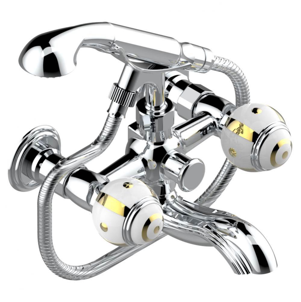 Exposed tub filler with cradle handshower, wall mounted