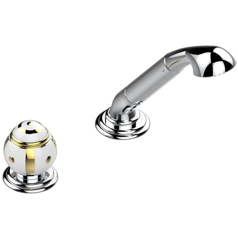 Deck mounted mixer with handshower, progressive cartridge