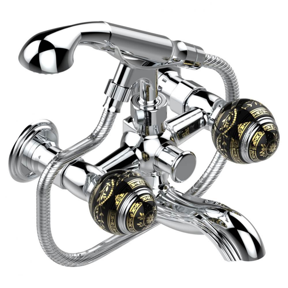 Exposed tub filler with cradle handshower, wall mounted