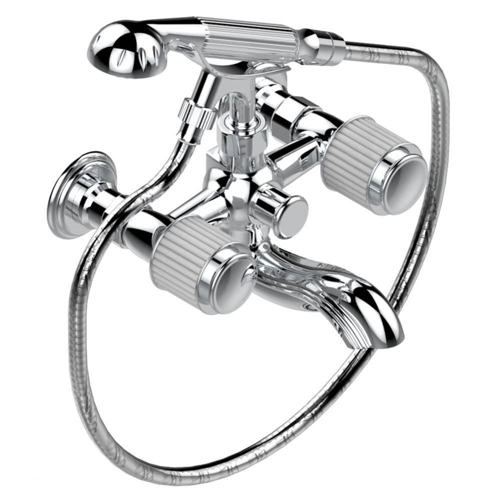 Exposed tub filler with cradle handshower, wall mounted
