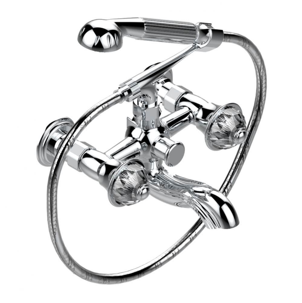 Exposed tub filler with cradle handshower, wall mounted