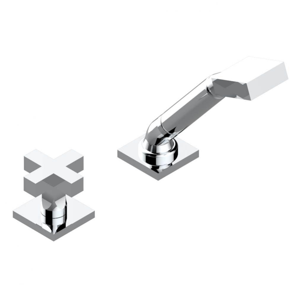 Deck mounted mixer with handshower, progressive cartridge