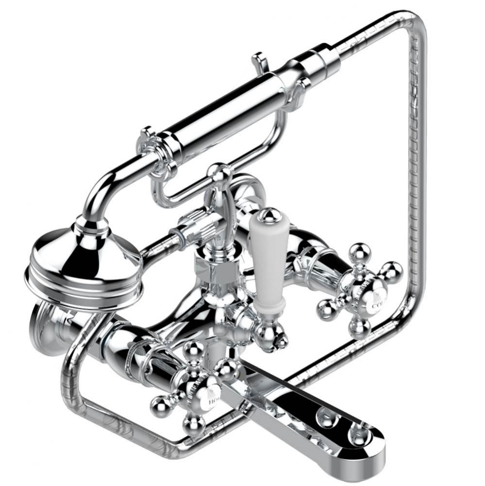 Exposed tub filler with cradle handshower, wall mounted