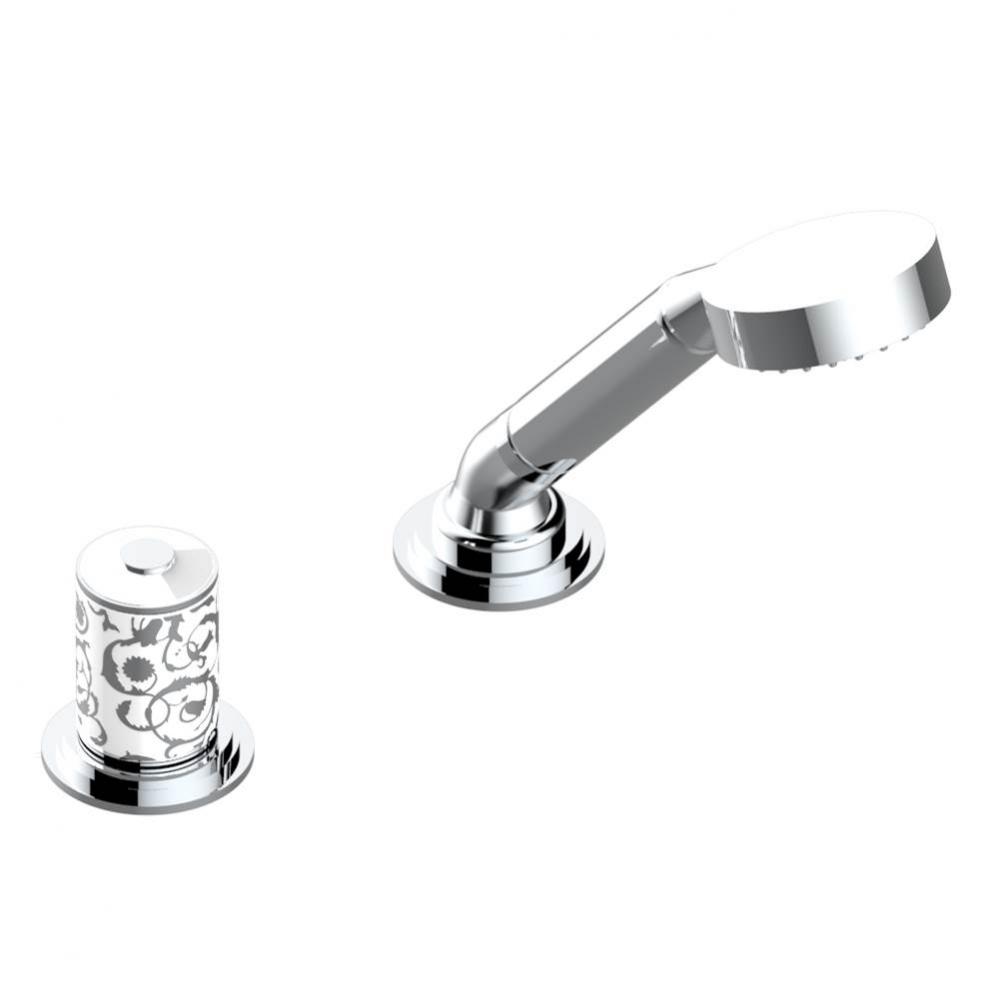 Deck mounted mixer with handshower, progressive cartridge