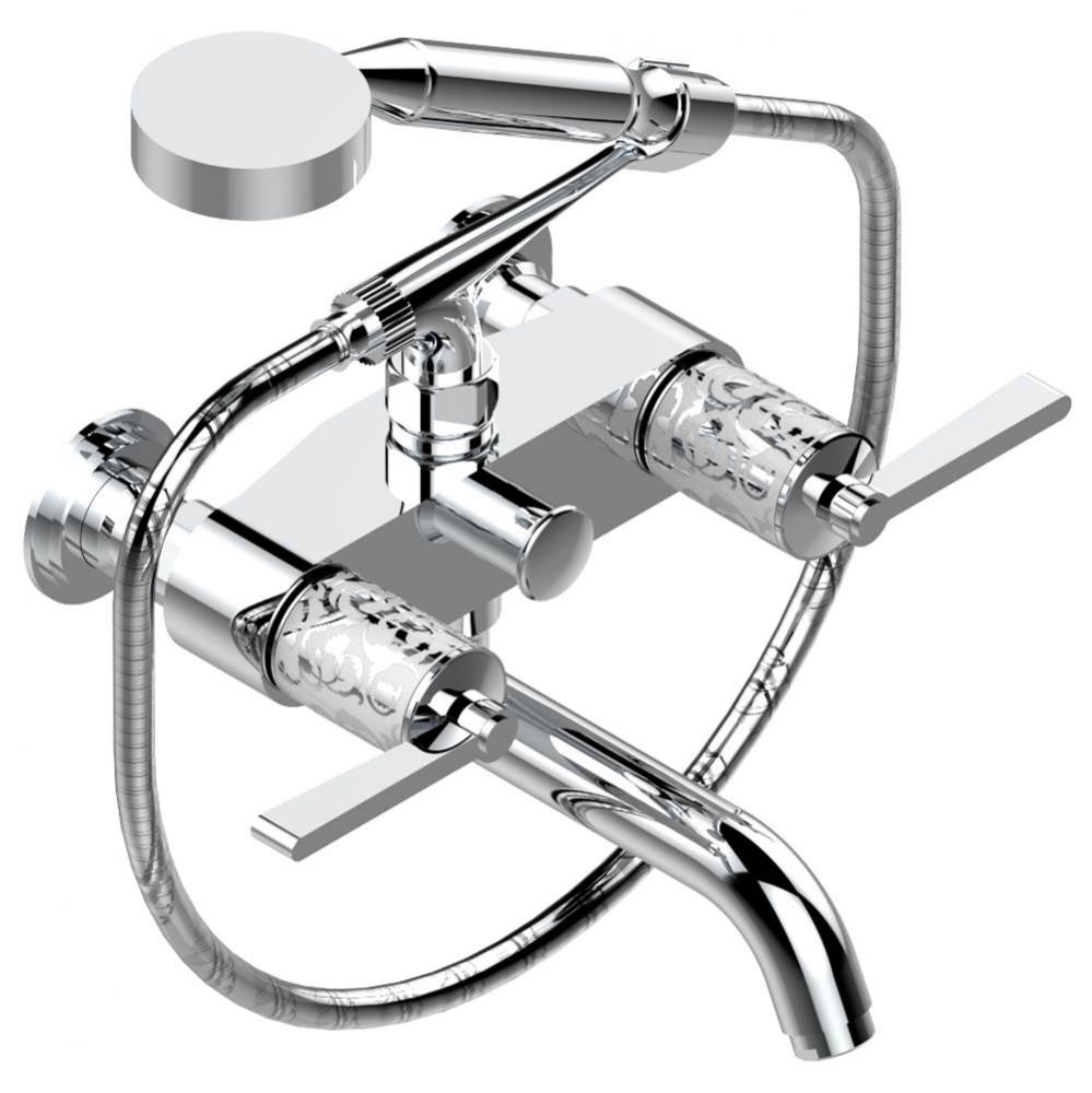 Exposed tub filler with cradle handshower, wall mounted
