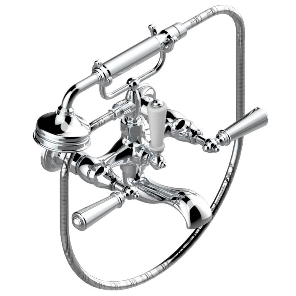 Exposed tub filler with cradle handshower, wall mounted