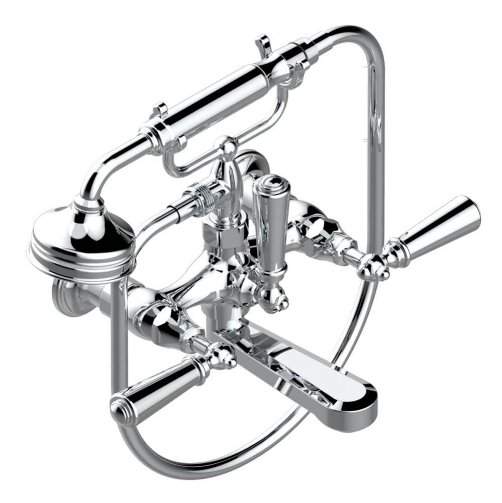 Exposed tub filler with cradle handshower, wall mounted