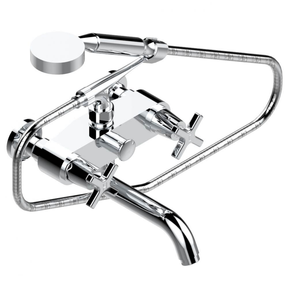Exposed tub filler with cradle handshower, wall mounted