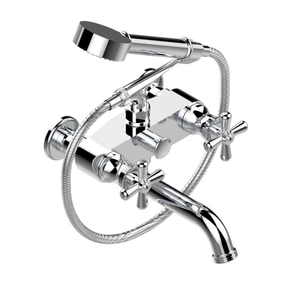 Exposed tub filler with cradle handshower, wall mounted