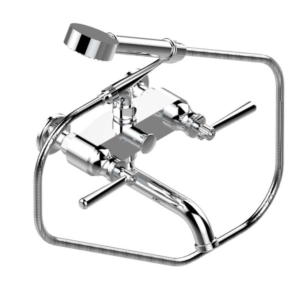 Exposed tub filler with cradle handshower, wall mounted