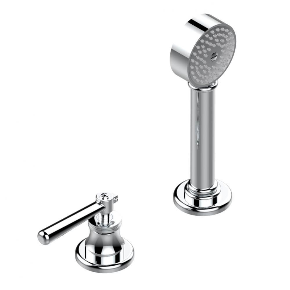 Deck mounted mixer with handshower, progressive cartridge