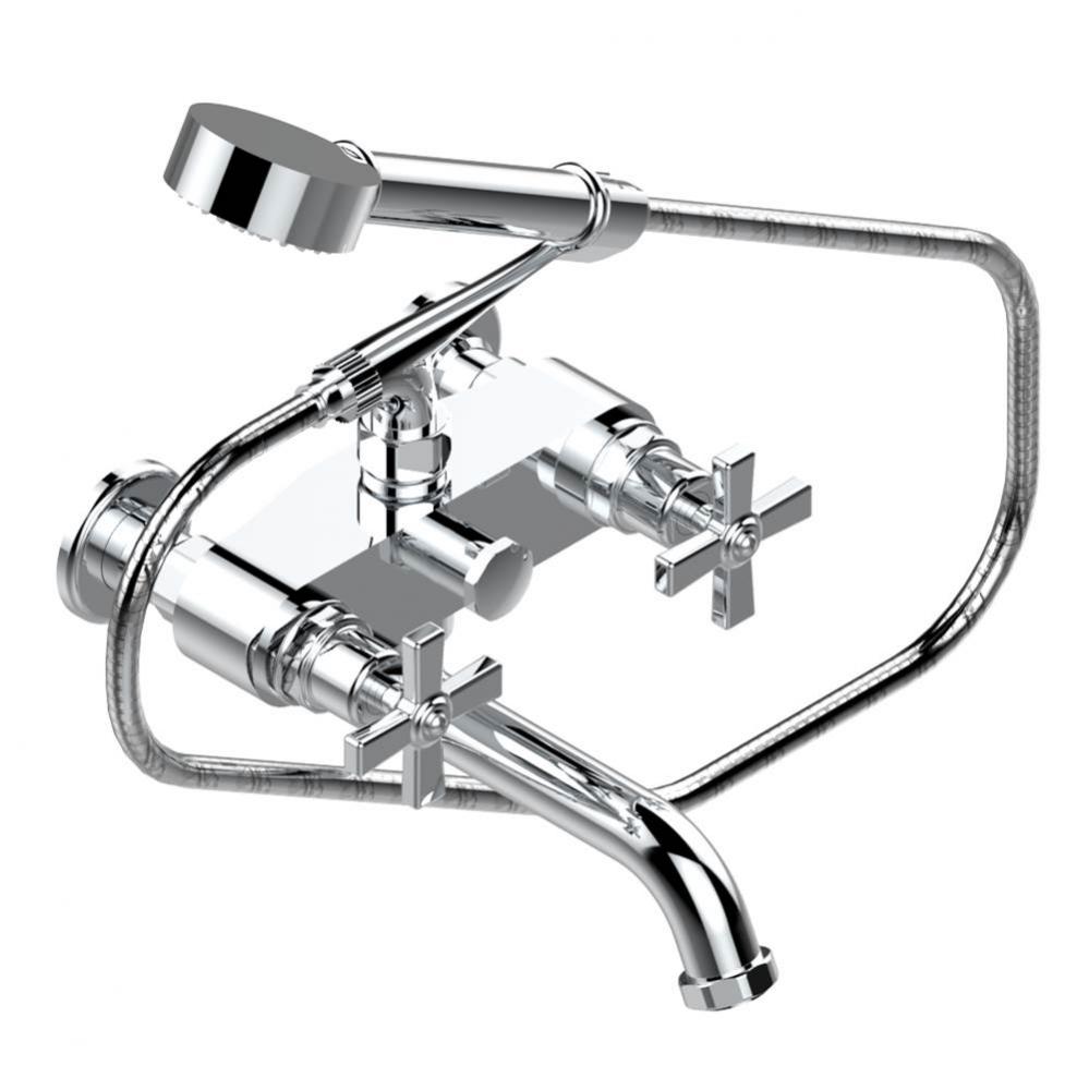 Exposed tub filler with cradle handshower, wall mounted