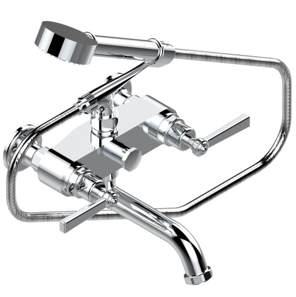 Exposed tub filler with cradle handshower, wall mounted