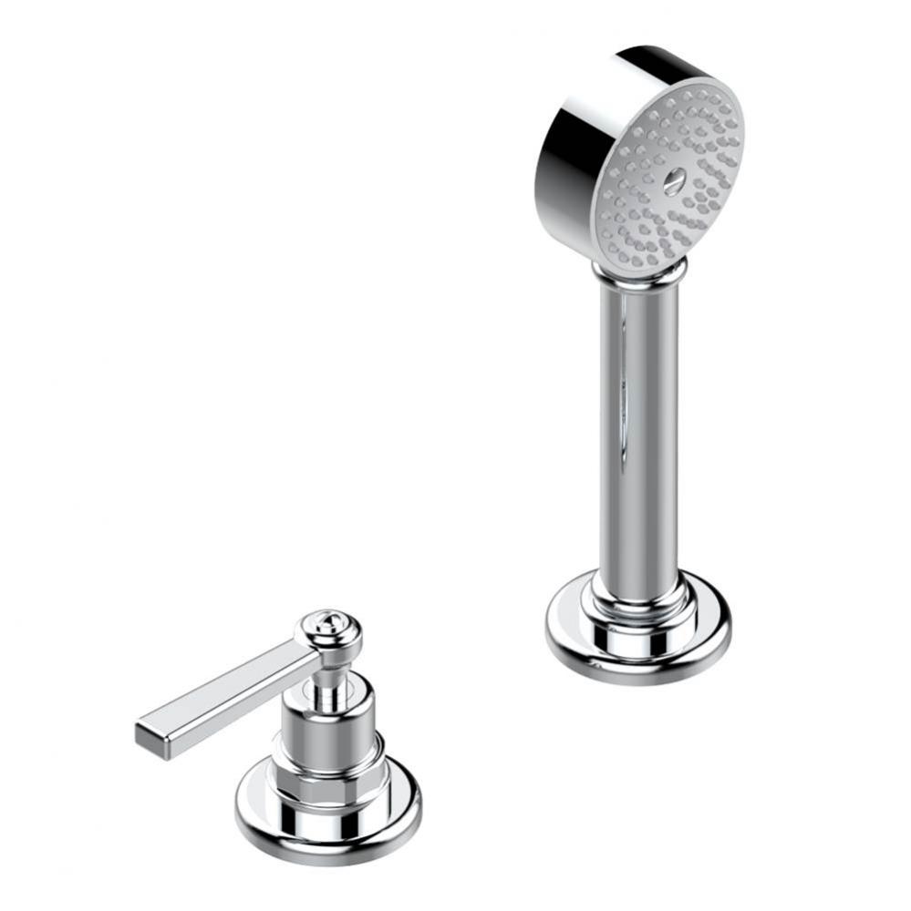 Deck mounted mixer with handshower, progressive cartridge