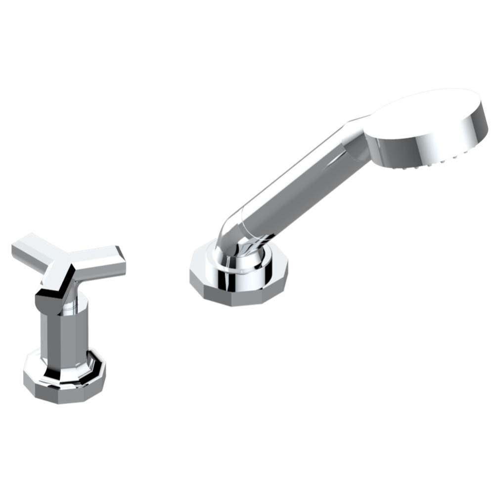 Deck mounted mixer with handshower, progressive cartridge