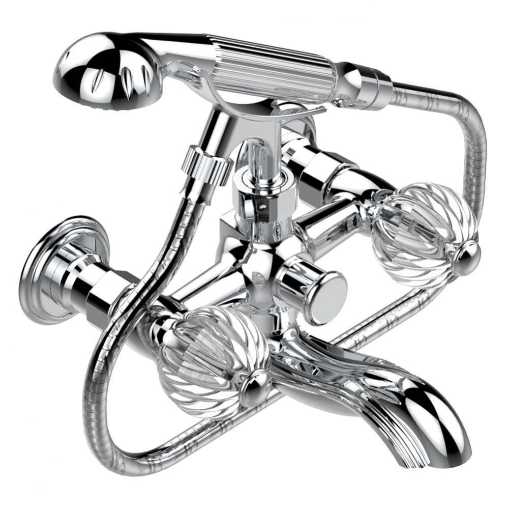 Exposed tub filler with cradle handshower, wall mounted