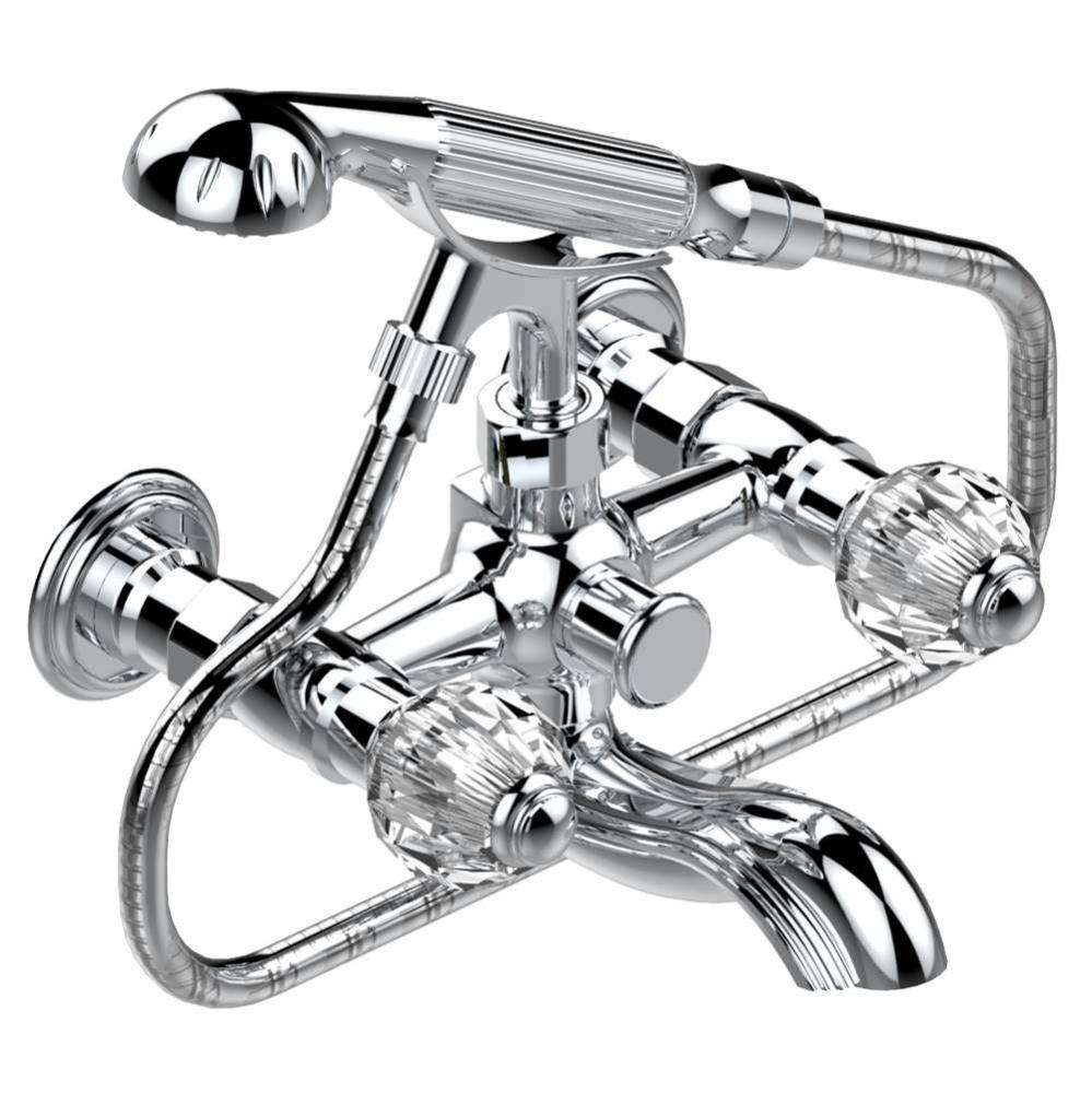 Exposed tub filler with cradle handshower, wall mounted