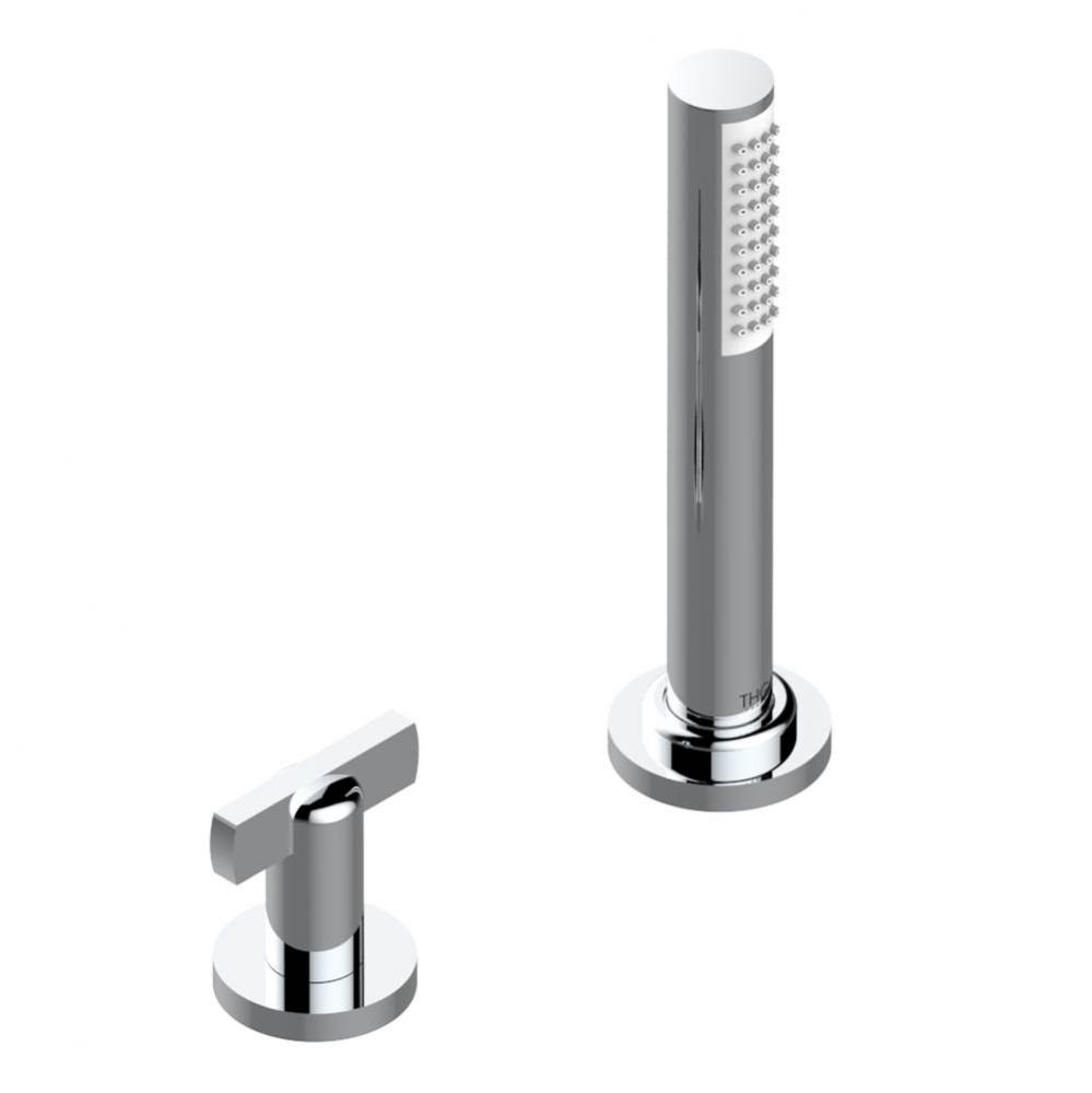 Deck mounted mixer with handshower, progressive cartridge