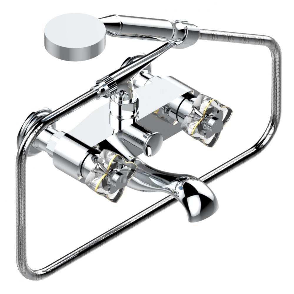 Exposed tub filler with cradle handshower, wall mounted
