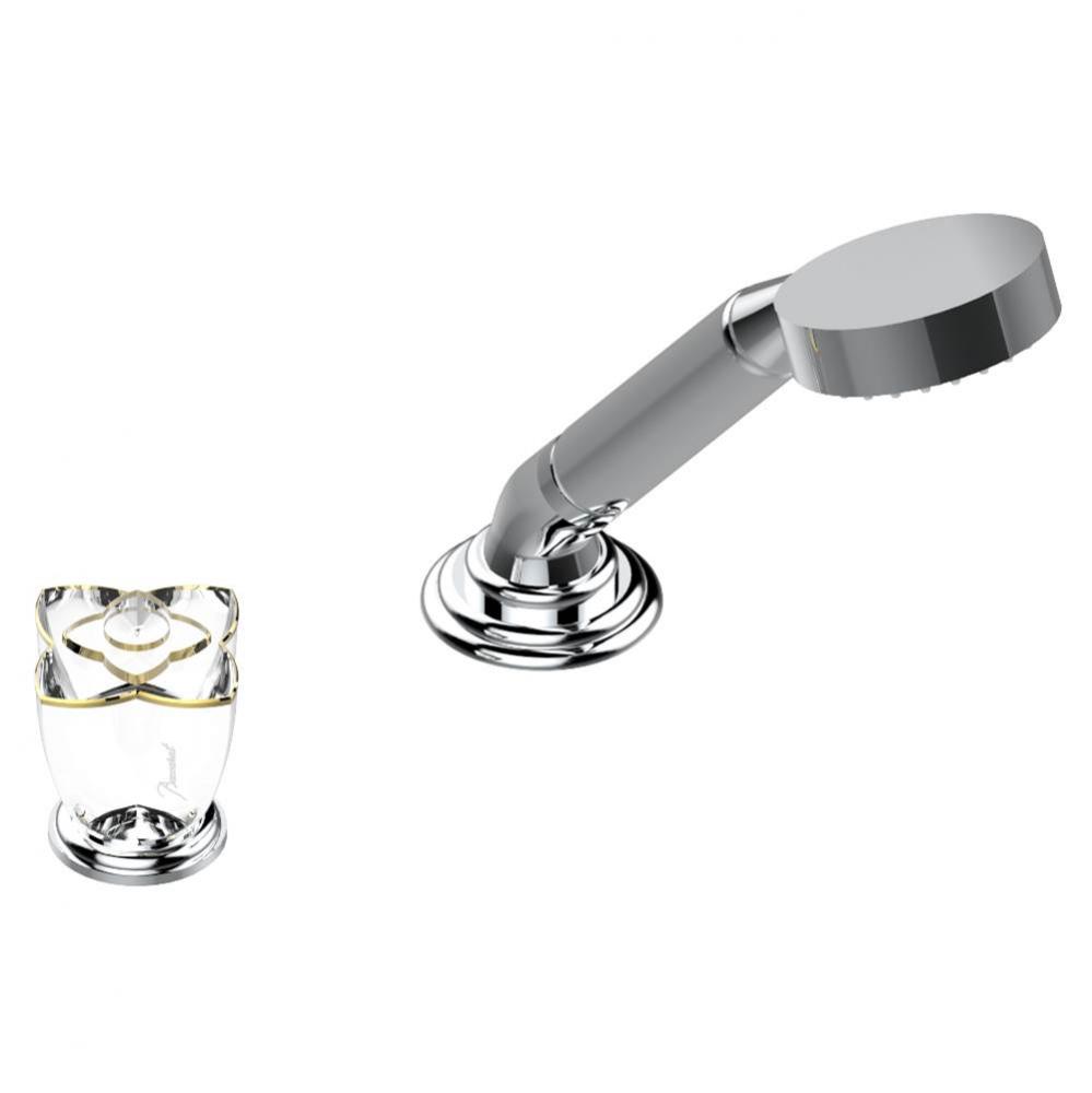 Deck mounted mixer with handshower, progressive cartridge