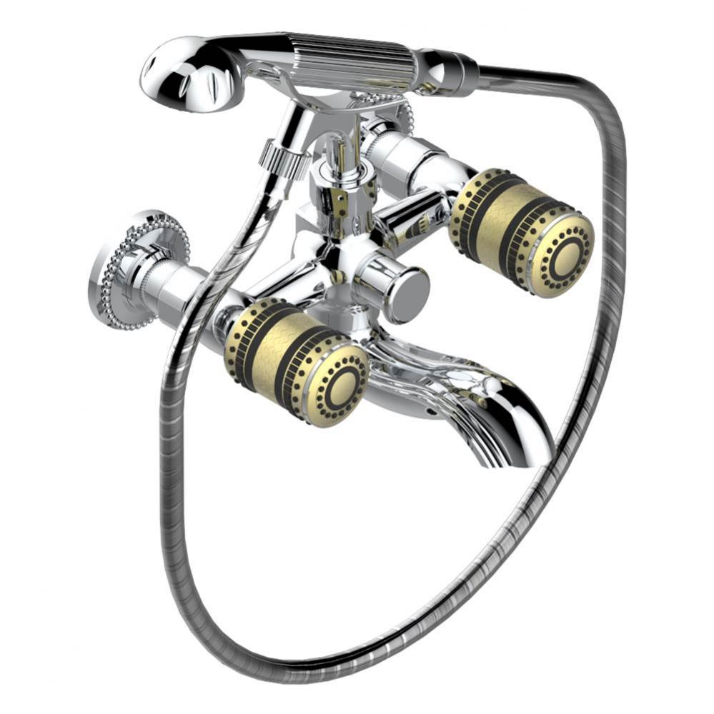 Exposed tub filler with cradle handshower, wall mounted