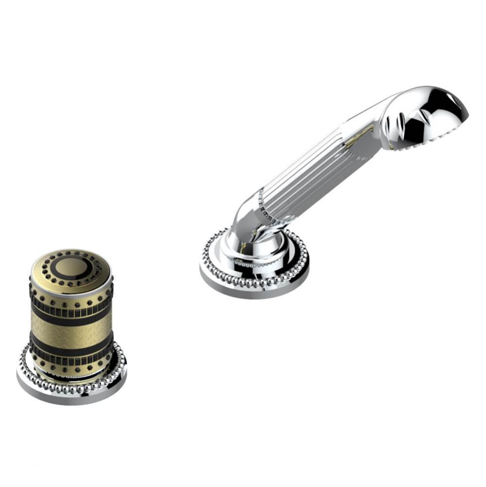 Deck mounted mixer with handshower, progressive cartridge
