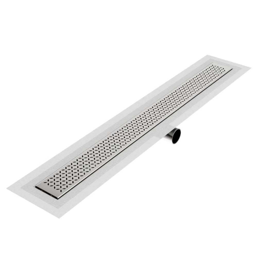 Delmar Series. 32'' Standard length Side Outlet linear drain. Lotus Line. Satin