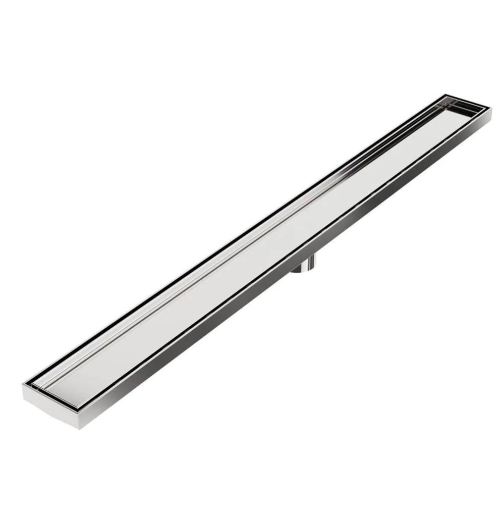 Delmar Series. 24'' Standard length Plain Edge linear drain. Mist (Tile-in) Line. Satin