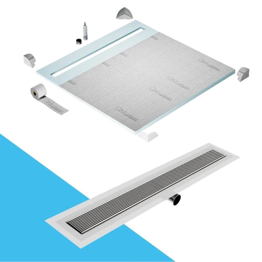 Shower Pan Curbless Kit 64'' with a 58'' Wedgewire Linear Drain Flange Edge Si
