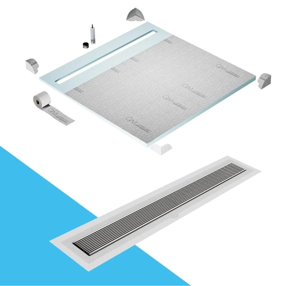 Shower Pan Curbless Kit 64'' with a 58'' Wedgewire Linear Drain Flange Edge in