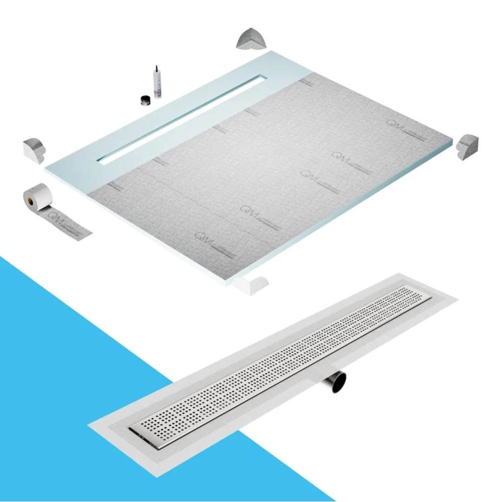 Shower Pan Curbless Kit 80'' with a 58'' Kai Linear Drain Flange Edge Side Out